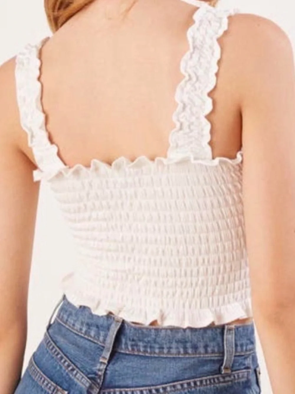Reformation White Smocked Ruffle Crop Tank - Picture 2 of 6